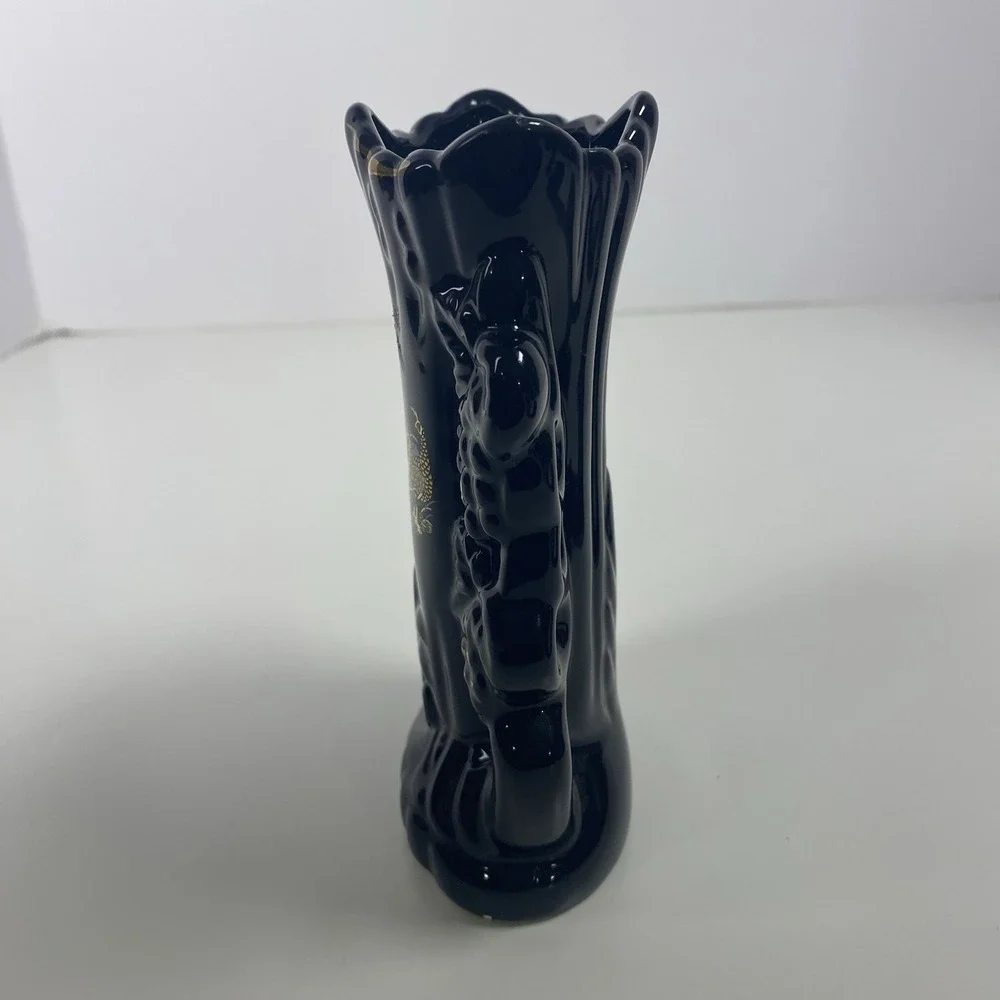 Japanese Style Black Boat Vase And Two Medium with Peacock Floral Scene 3 Pieces